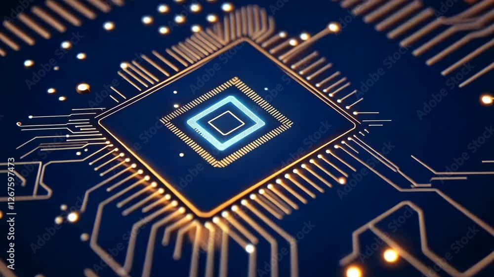 Poster glowing microchip on blue circuit board symbolizing advanced technology in electronic hardware syste