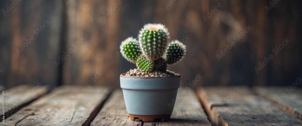 Poster cute baby cactus in a stylish pot displayed on rustic wooden surface with empty space for personaliz
