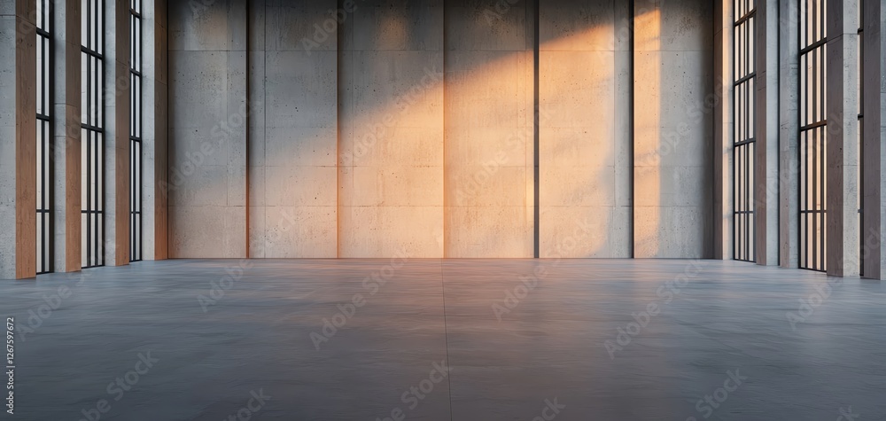 Poster empty modern interior space with large windows and warm light creating a minimalist ambiance.