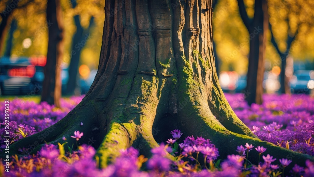 Poster tree trunk with textured bark surrounded by purple flowers and soft sunlight filtering through leave