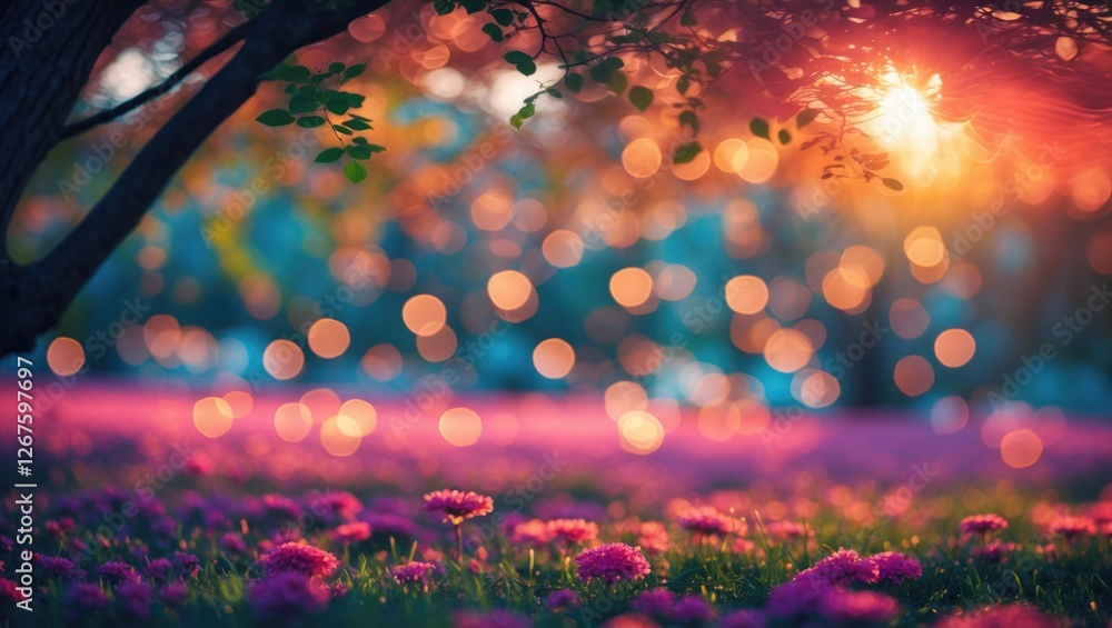 Aufkleber dreamy bokeh background with vibrant flowers captured under a tree during sunset creating a serene a