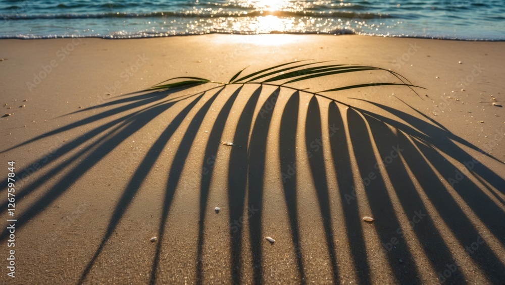 Poster palm leaf shadow on sandy beach with sparkling sunlit water creating a tranquil tropical atmosphere 