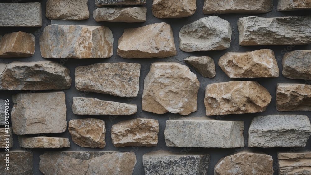 Poster textured stone wall composed of various sizes and colors of natural rocks arranged in a seamless pat