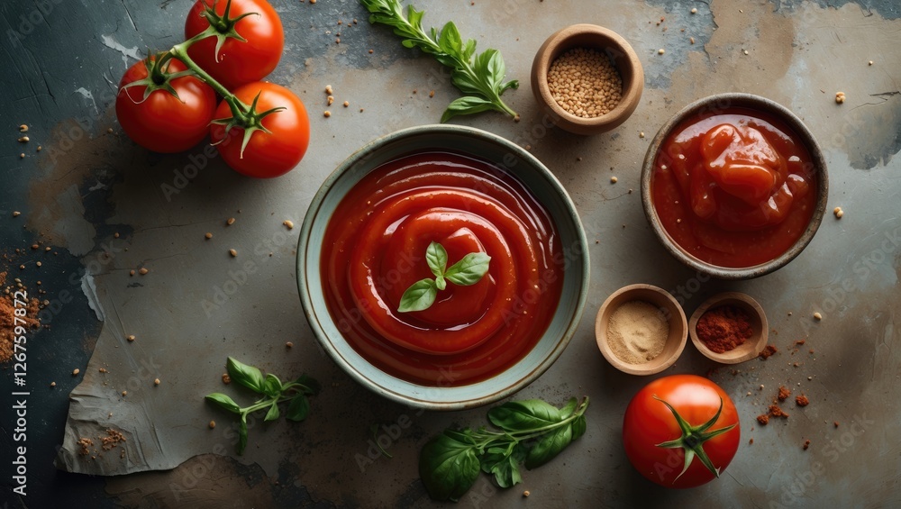 Aufkleber Organic ketchup in a bowl surrounded by fresh tomatoes and spices on a rustic background with space for culinary text and recipes.