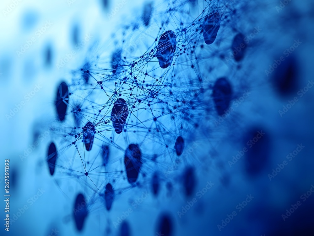 Poster a detailed abstract representation of interconnected nodes and networks in vibrant blue tones, symbo