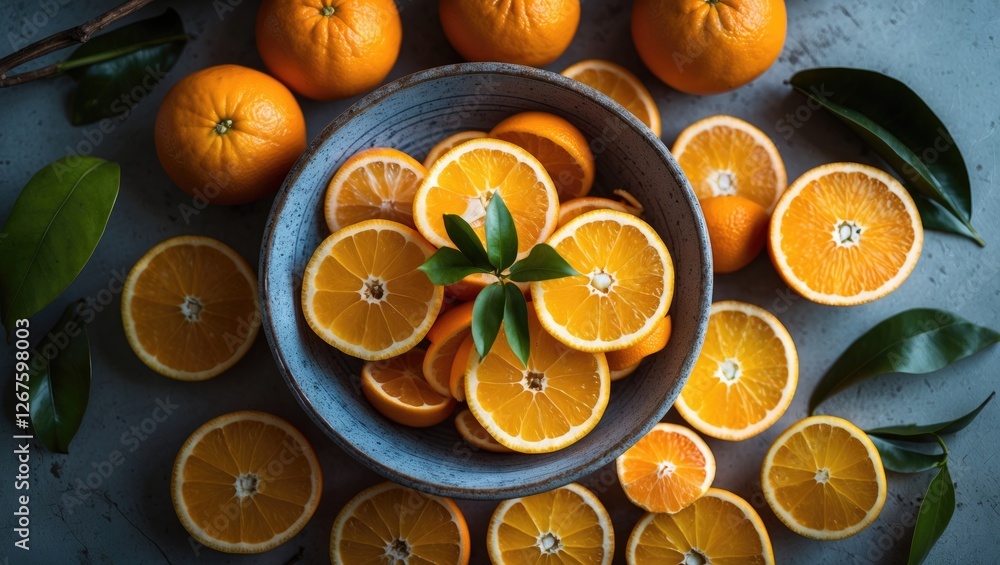 Poster freshly sliced oranges in rustic bowl surrounded by whole oranges and green leaves top view bright c