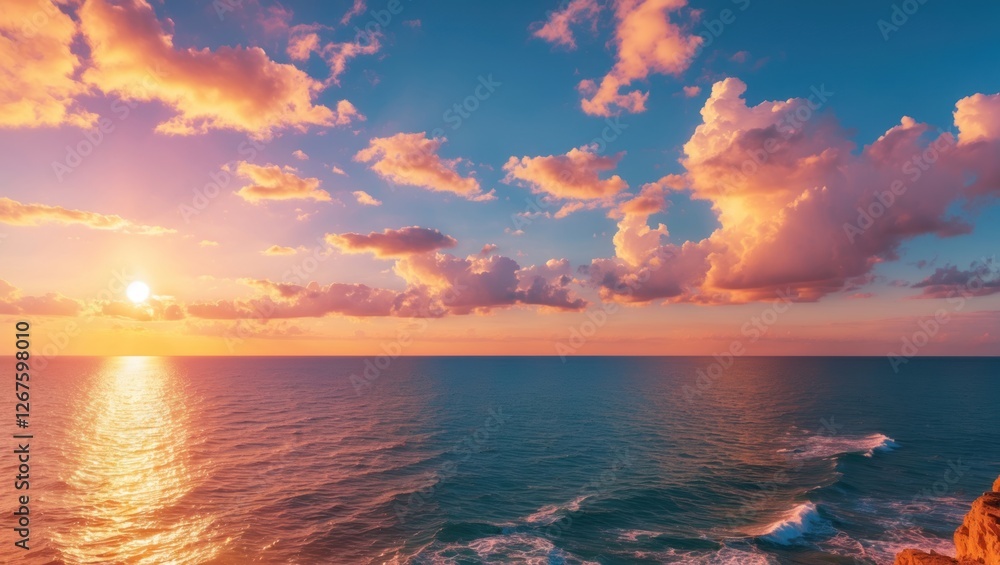 Poster vibrant sunset over calm ocean with colorful clouds reflecting on water surface and soft waves creat