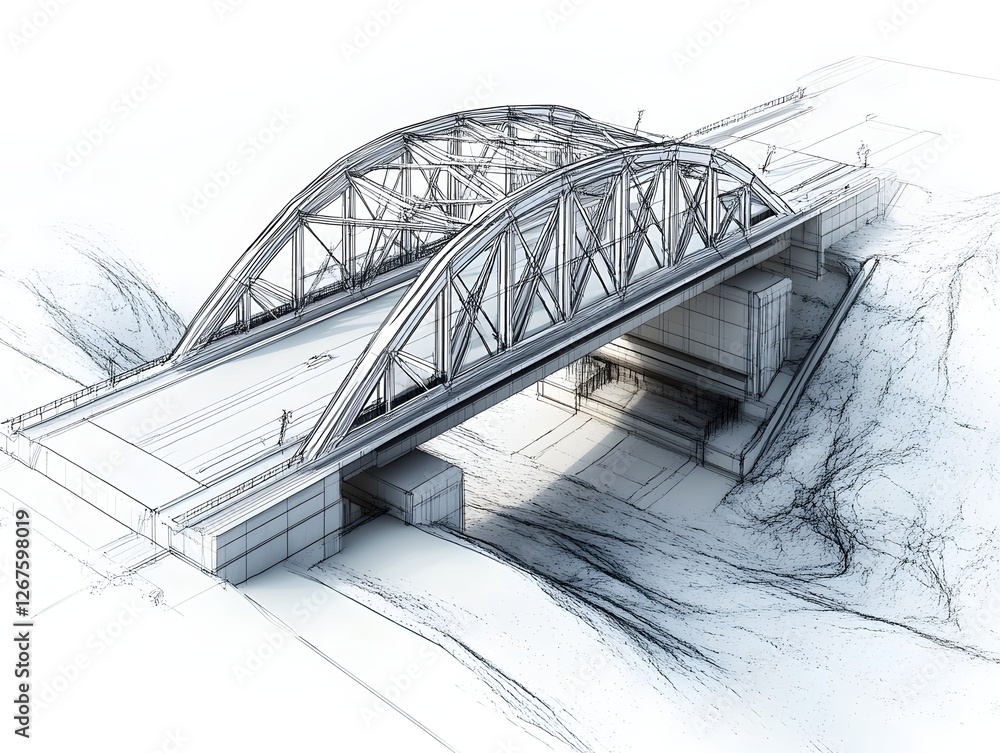 Poster a detailed architectural sketch of a bridge showcasing its intricate design and structure