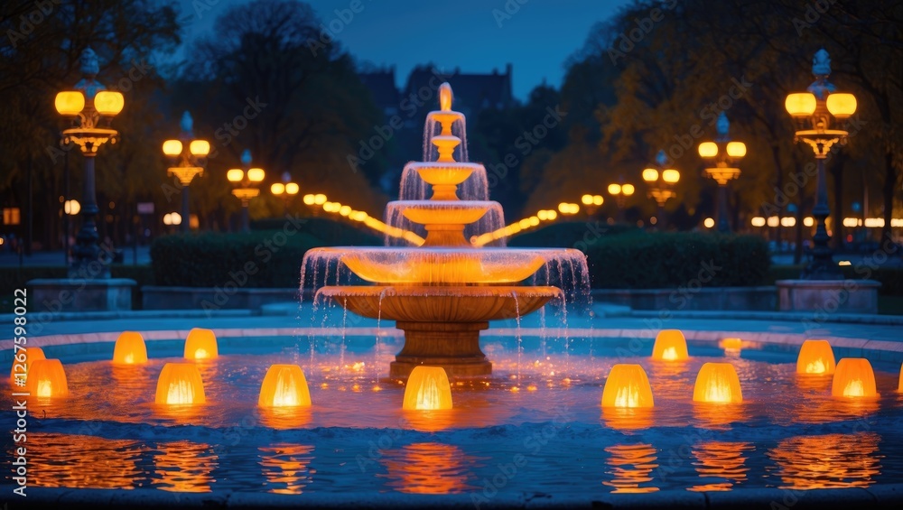 Poster Illuminated Fountain at Night with Orange Lights Creating a Serene Atmosphere in a Park Setting