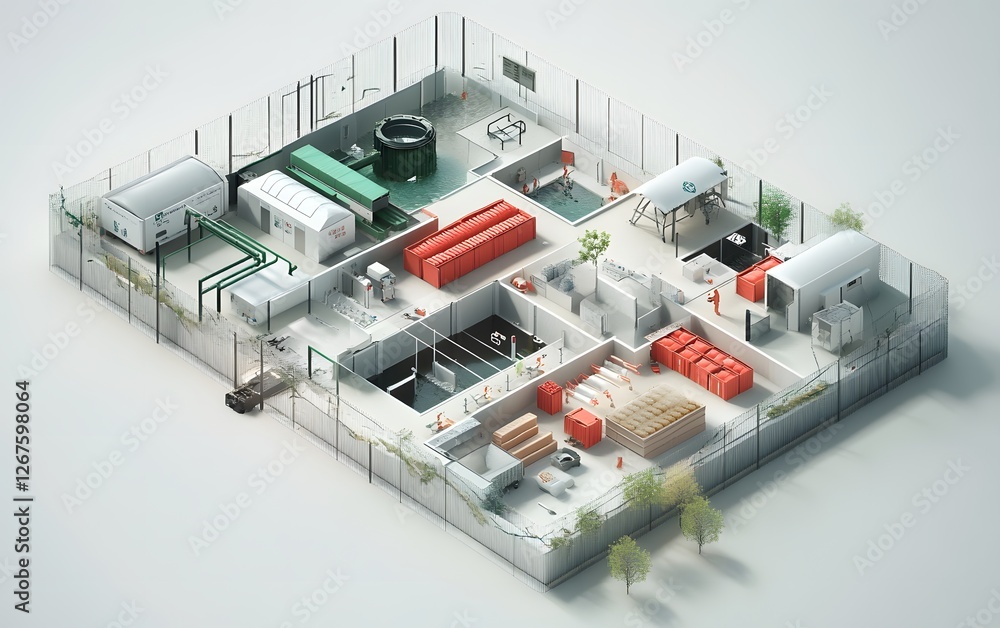 Poster a detailed isometric view of an industrial facility showcasing various storage units, machinery, and