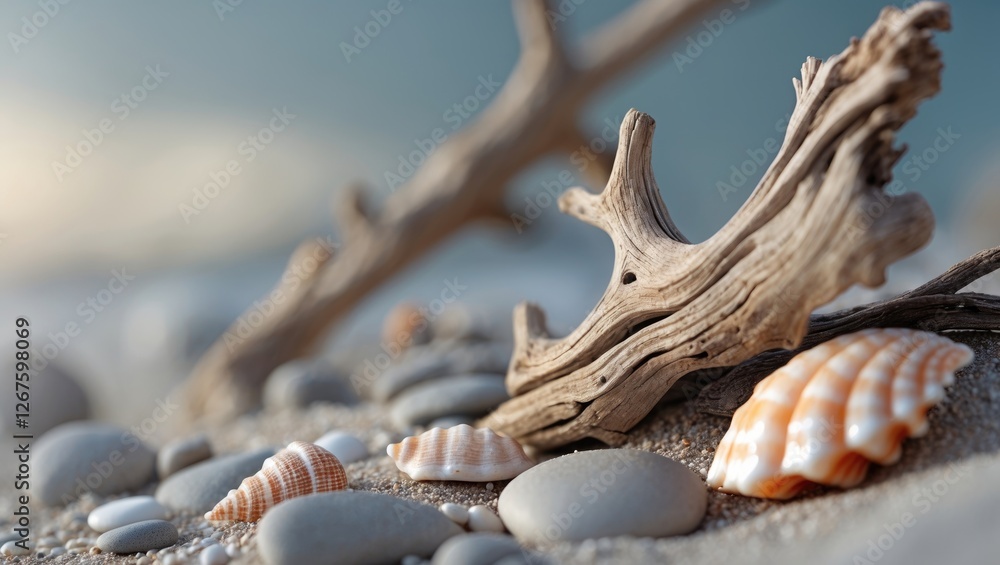 Poster beach closeup displaying unique shells and driftwood on sandy shore with soft background elements