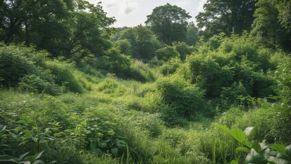 Obraz premium Lush Overgrown Landscape Capturing Vibrant Greenery and Natural Beauty in a Summer Setting