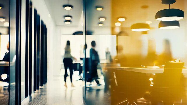 An ethereal and surreal office corridor scene featuring blurred figures moving about in a busy atmosphere
