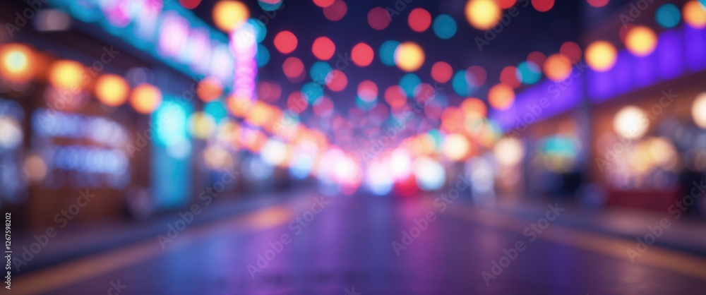Poster abstract bokeh background of a vibrant shopping street at night with colorful lights and festive atm