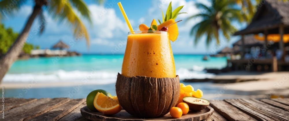 Poster tropical orange smoothie with sea buckthorn served in a coconut on a beach table with palms and ocea