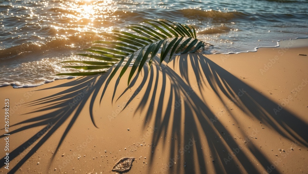 Poster Palm leaf shadow casting artistic patterns on sandy beach with shimmering sunlight reflecting on tranquil water surface