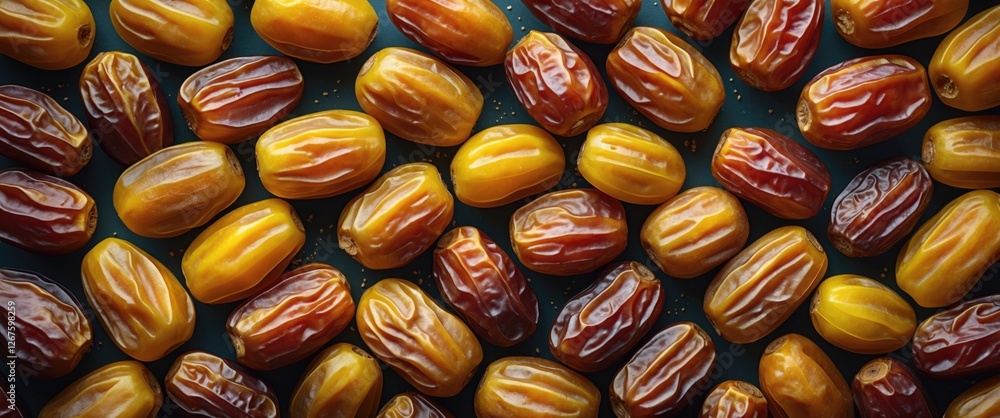 Aufkleber texture of assorted yellow and brown dates fruits arranged in a pattern on a dark background showcas