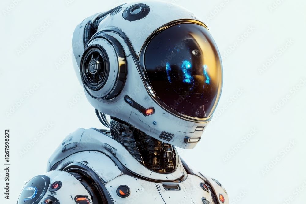 Aufkleber futuristic robot in a sleek white design with a reflective helmet showcasing digital display