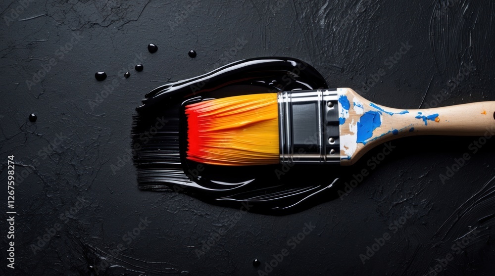 Poster vibrant paint brush resting on a textured black surface with a swirl of glossy paint droplets for cr