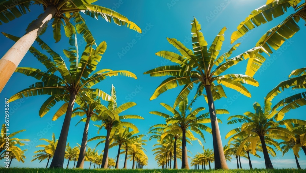 Poster banana trees under bright blue sky with sunlight creating a tropical atmosphere and vast empty space