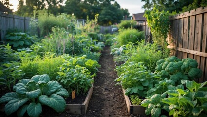 Lush Organic Urban Garden Flourishing at Summer's End with Vibrant Vegetables and Herbs in Raised Beds Surrounded by Greenery