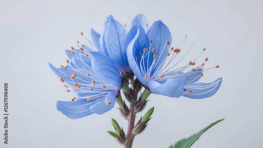 Poster Delicate close-up of flowering mountain centaury with soft blue petals on white background offering space for text or design elements.