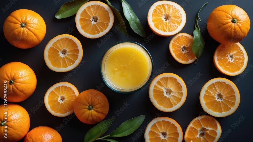 Poster Fresh Oranges Sliced With Glass Of Juice Surrounded By Green Leaves On Black Background Top View For Text Space