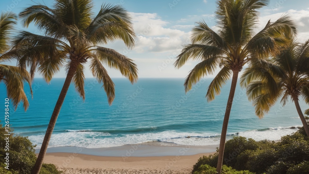 Poster coastal serenity with palm trees framing a tranquil beach and calm ocean waves under a clear blue sk