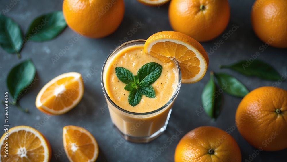 Poster refreshing orange smoothie with mint garnish and fresh oranges on gray background