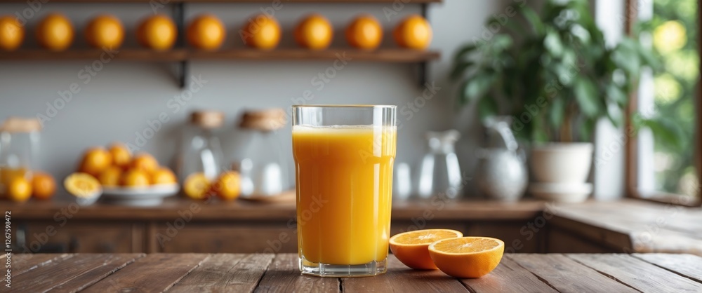 Poster freshly squeezed orange juice on wooden table with halved oranges and vibrant background ideal for h