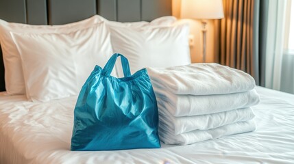 A premium hotel laundry service setup with neatly folded clothes and a complimentary laundry bag.