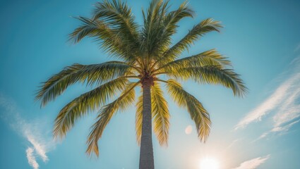 Majestic palm tree swaying gently against a bright azure sky with sunlit fronds casting playful shadows on the ground below.