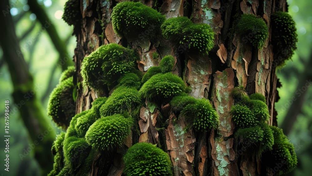 Poster moss-covered tree trunk in a dense forest environment with soft lighting and rich green colors, natu