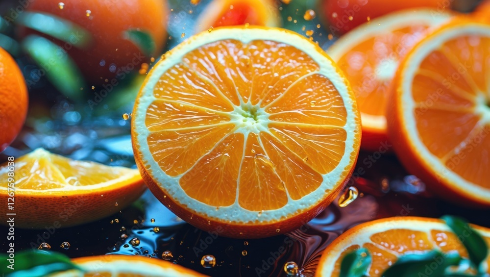 Aufkleber juicy orange slices close-up with water droplets showcasing vibrant colors and textures in a visuall