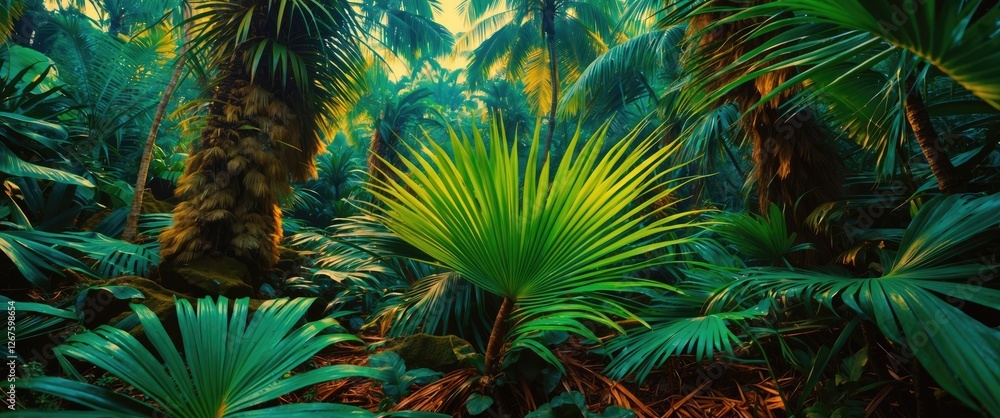 Aufkleber lush tropical jungle scene featuring palm leaves with ample space for text overlay and natural green