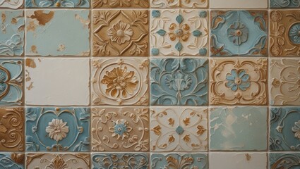Colored vintage ceramic tiles arranged in a decorative pattern with texture and wear, featuring blue and beige tones, Copy Space.