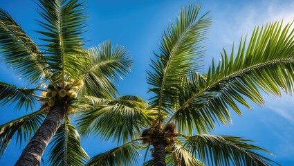 Tropical Palm Fronds Reaching Towards Clear Blue Sky Under Bright Sunlight