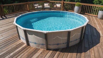 Stylish above ground swimming pool surrounded by wooden deck, ideal for summer relaxation and outdoor leisure activities.