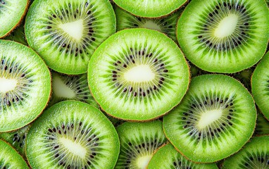 Fresh kiwi slices arranged beautifully, showcasing vibrant green color and texture.