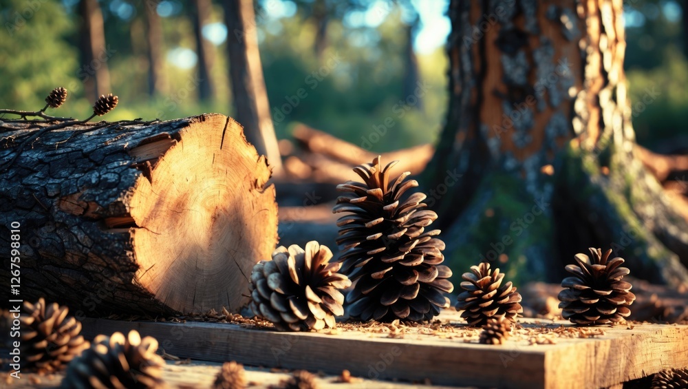 Poster rustic wooden background featuring cut tree trunk and scattered pine cones in a serene forest settin