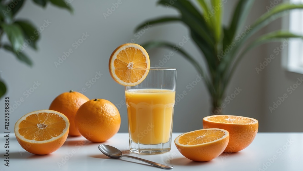 Poster refreshing orange juice served in a glass surrounded by fresh oranges on a white table with natural 