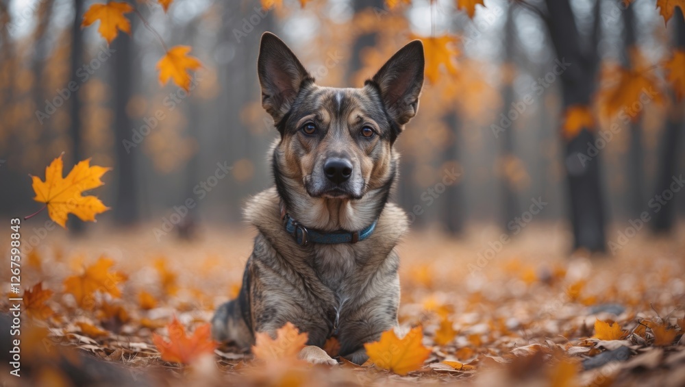 Poster autumn scene featuring dog surrounded by colorful leaves with space for text and branding