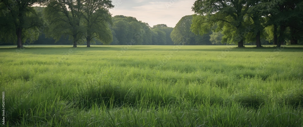 Poster lush green meadow landscape under soft light with distant trees and ample empty space for text overl
