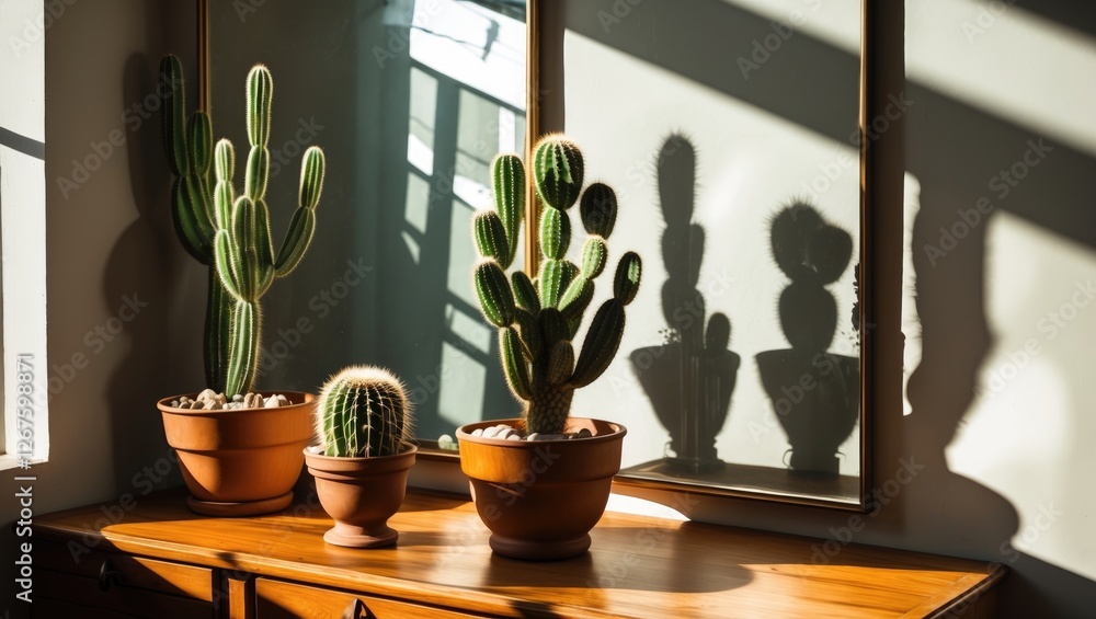 Poster Bright Sunlit Room with Cacti in Decorative Pots Casting Shadows on a Wooden Table and Reflecting in Mirrors Creating a Warm Atmosphere