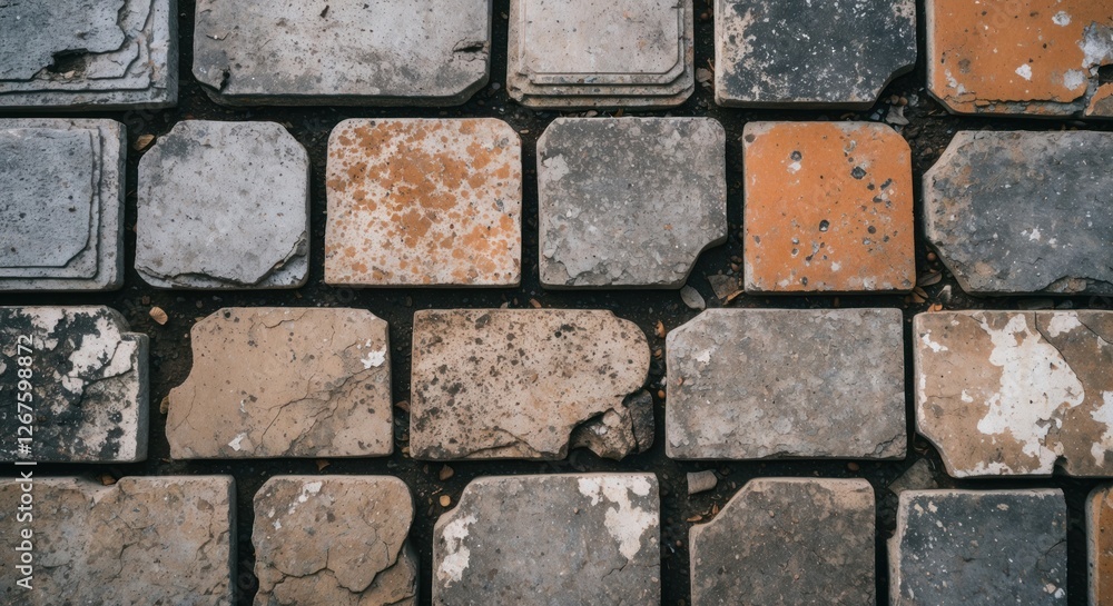 Poster weathered paving slabs and tiles texture background with varying colors and worn surfaces for design