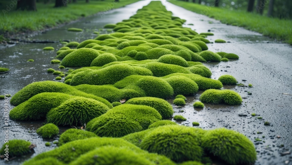 Aufkleber vibrant green moss on wet concrete pathway highlighting nature's beauty with soft focus and ample sp