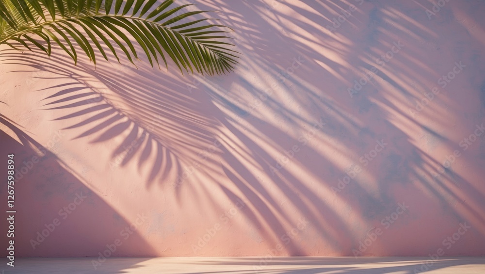 Leinwandbilder palm leaf shadow creating serene patterns on soft textured pastel wall in gentle light