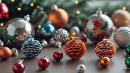 Colorful decorative Christmas ornaments and beads arranged on a surface, creating a festive holiday atmosphere.