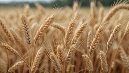 Fototapeta premium Close-up view of golden ripe wheat ears in a field with a blurred background and natural light Copy Space