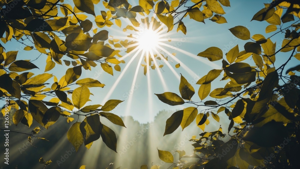 Poster sunlight filtering through leaves creating beautiful nature silhouette with rays and shadows in a sc